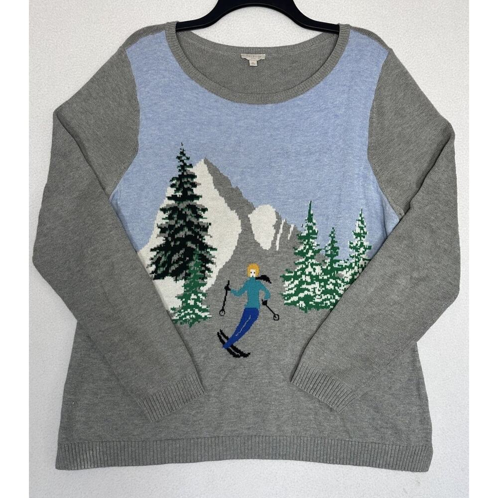 Talbots Sweater Womens Plus 1X Gray Skiing Girl Scene Scoop Neck Artsy Pullover